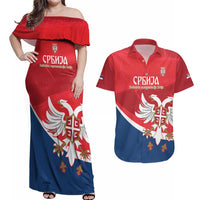 Custom Serbia Football Couples Matching Off Shoulder Maxi Dress and Hawaiian Shirt Come On Ealges Coat Of Arms Style