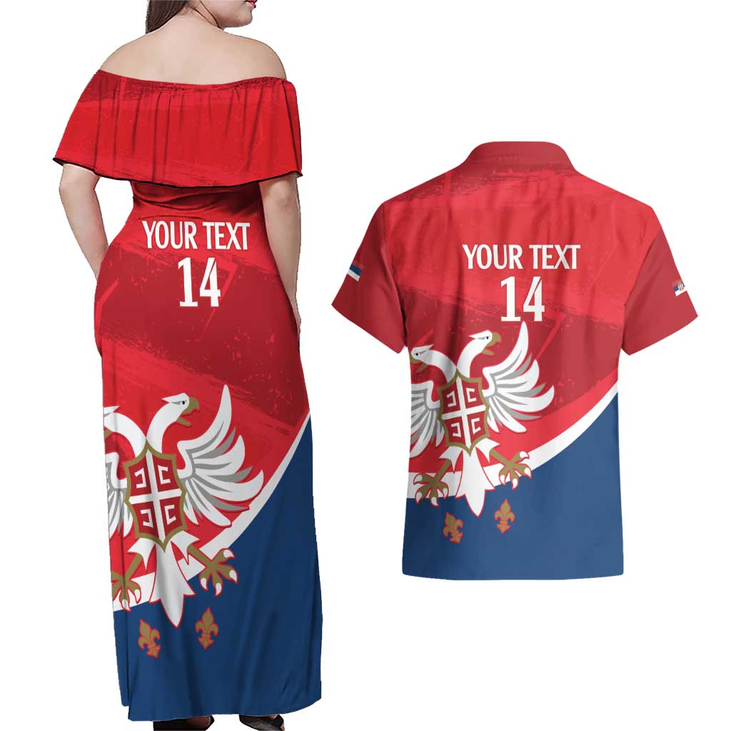 Custom Serbia Football Couples Matching Off Shoulder Maxi Dress and Hawaiian Shirt Come On Ealges Coat Of Arms Style