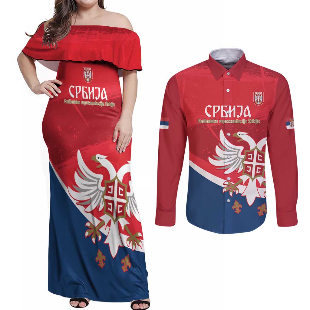 Custom Serbia Football Couples Matching Off Shoulder Maxi Dress and Long Sleeve Button Shirt Come On Ealges Coat Of Arms Style
