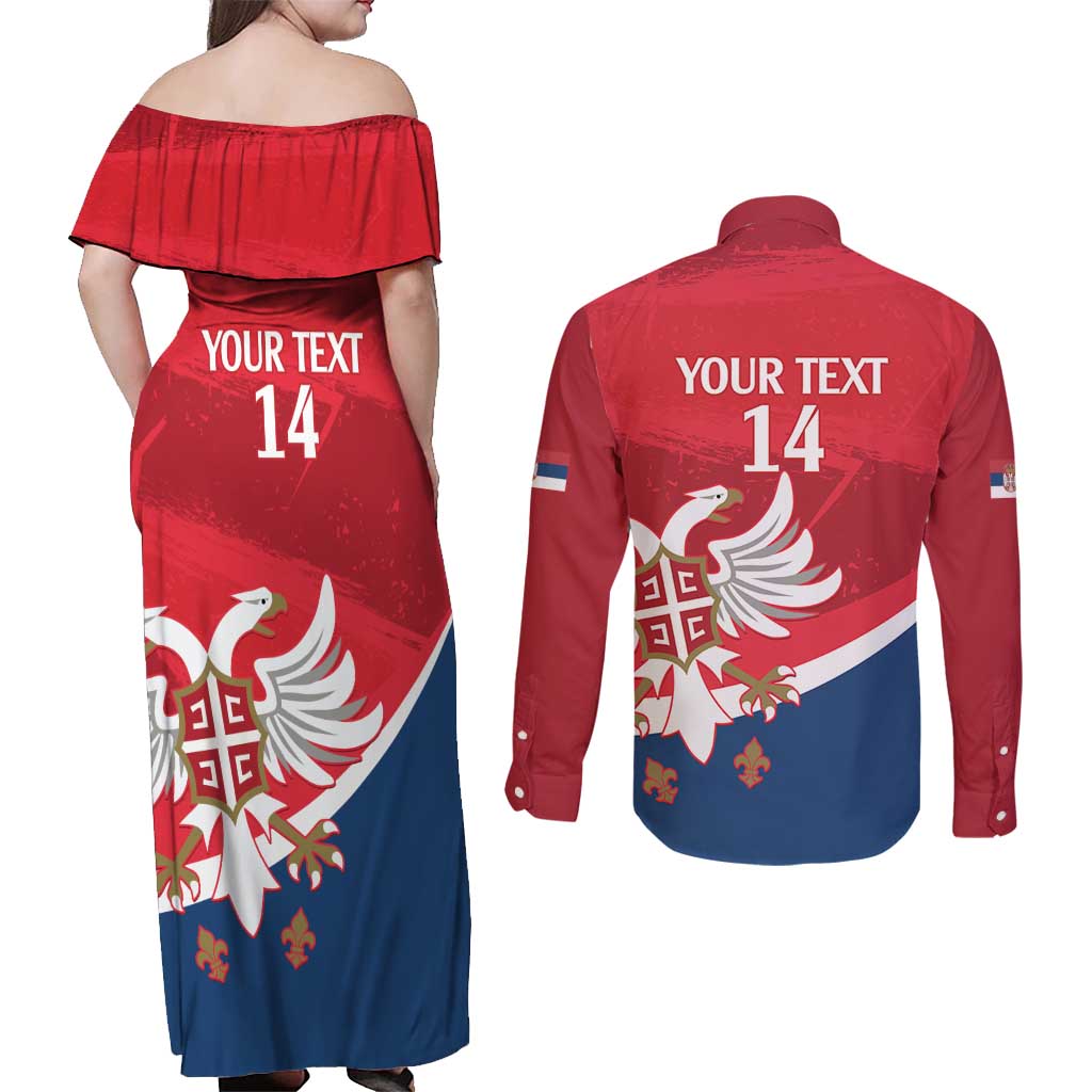 Custom Serbia Football Couples Matching Off Shoulder Maxi Dress and Long Sleeve Button Shirt Come On Ealges Coat Of Arms Style