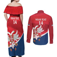 Custom Serbia Football Couples Matching Off Shoulder Maxi Dress and Long Sleeve Button Shirt Come On Ealges Coat Of Arms Style