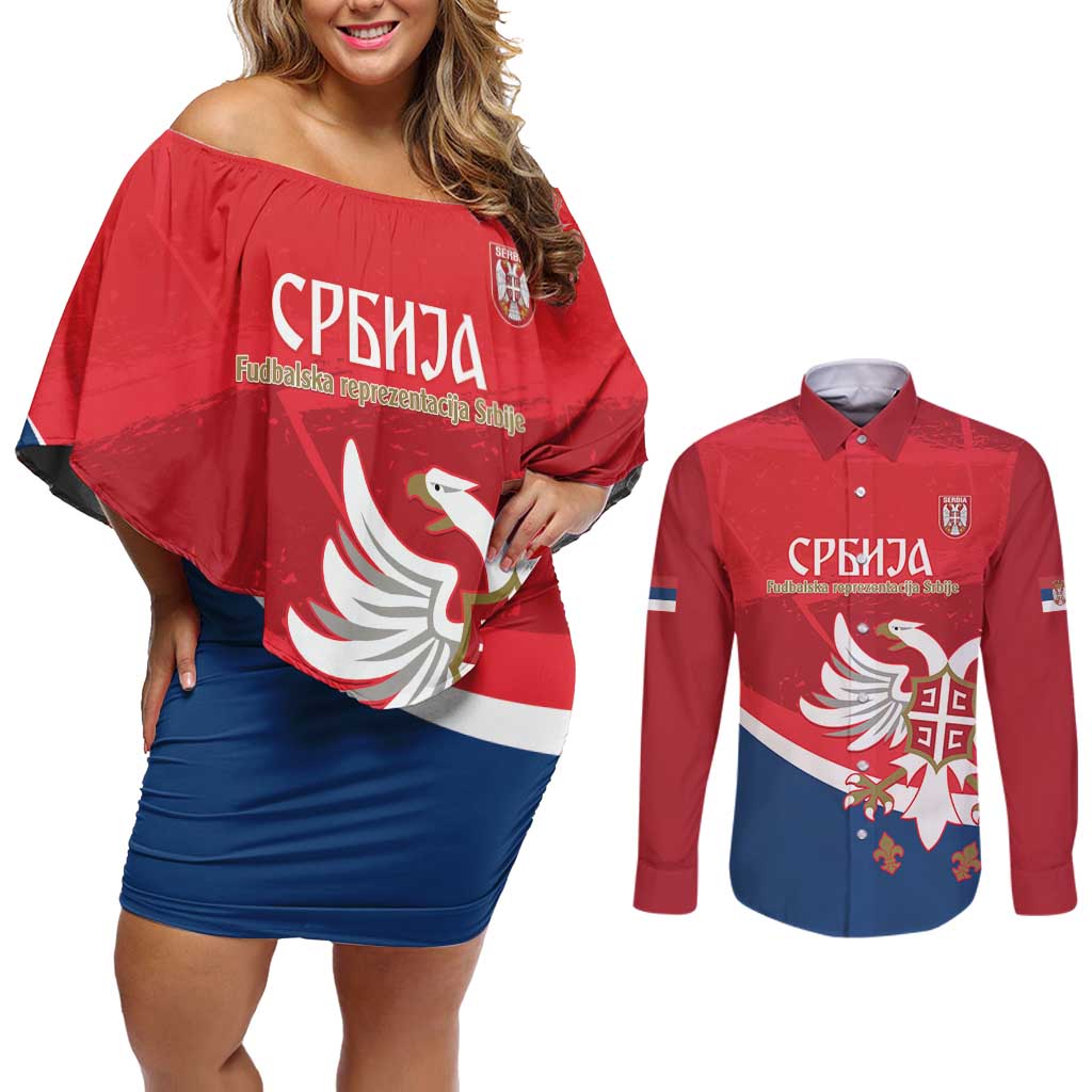 Custom Serbia Football Couples Matching Off Shoulder Short Dress and Long Sleeve Button Shirt Come On Ealges Coat Of Arms Style