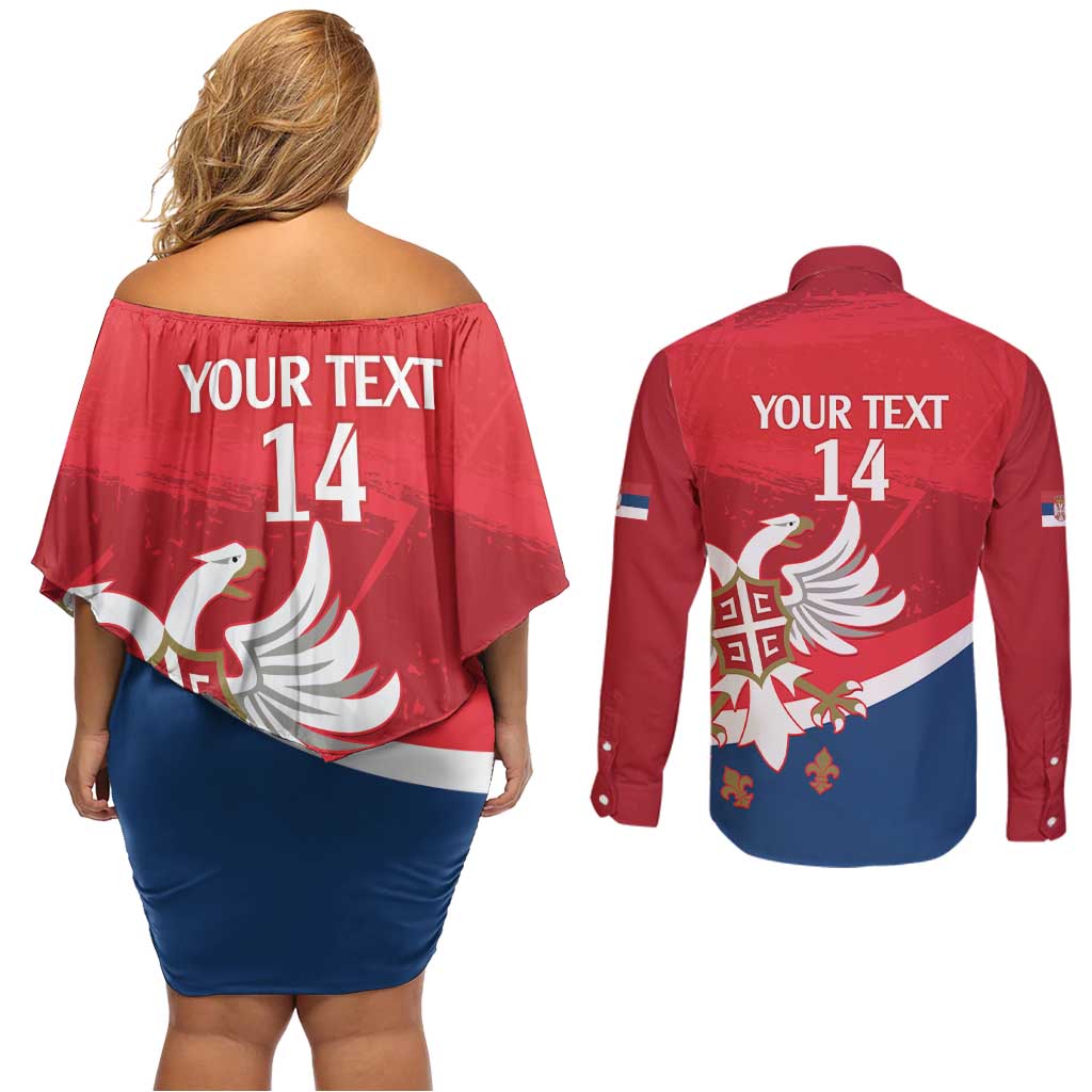 Custom Serbia Football Couples Matching Off Shoulder Short Dress and Long Sleeve Button Shirt Come On Ealges Coat Of Arms Style