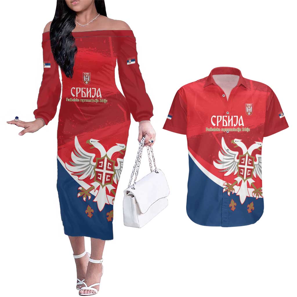 Custom Serbia Football Couples Matching Off The Shoulder Long Sleeve Dress and Hawaiian Shirt Come On Ealges Coat Of Arms Style