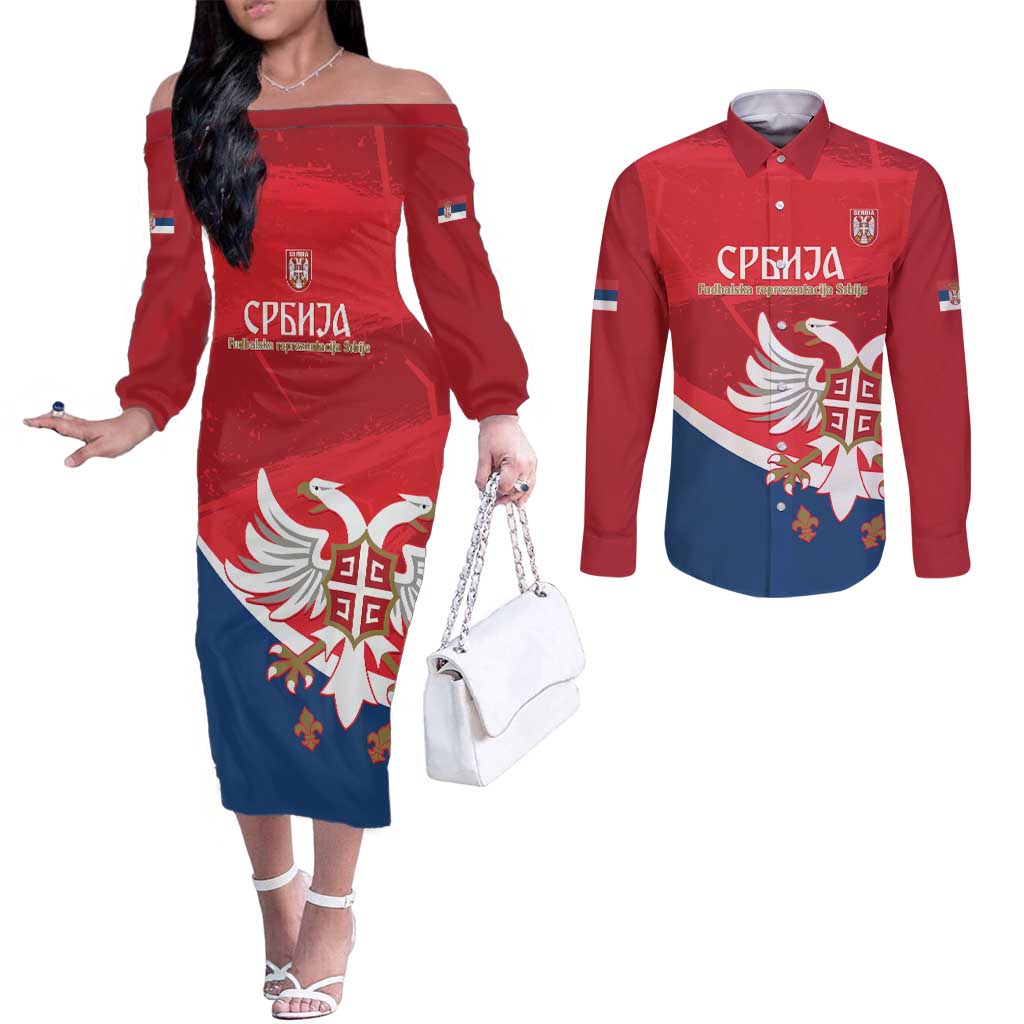 Custom Serbia Football Couples Matching Off The Shoulder Long Sleeve Dress and Long Sleeve Button Shirt Come On Ealges Coat Of Arms Style