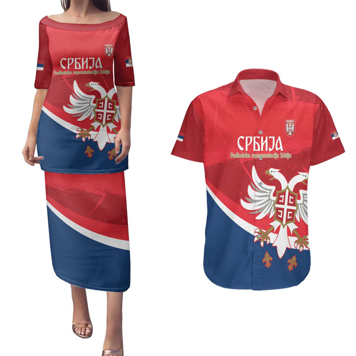 Custom Serbia Football Couples Matching Puletasi and Hawaiian Shirt Come On Ealges Coat Of Arms Style