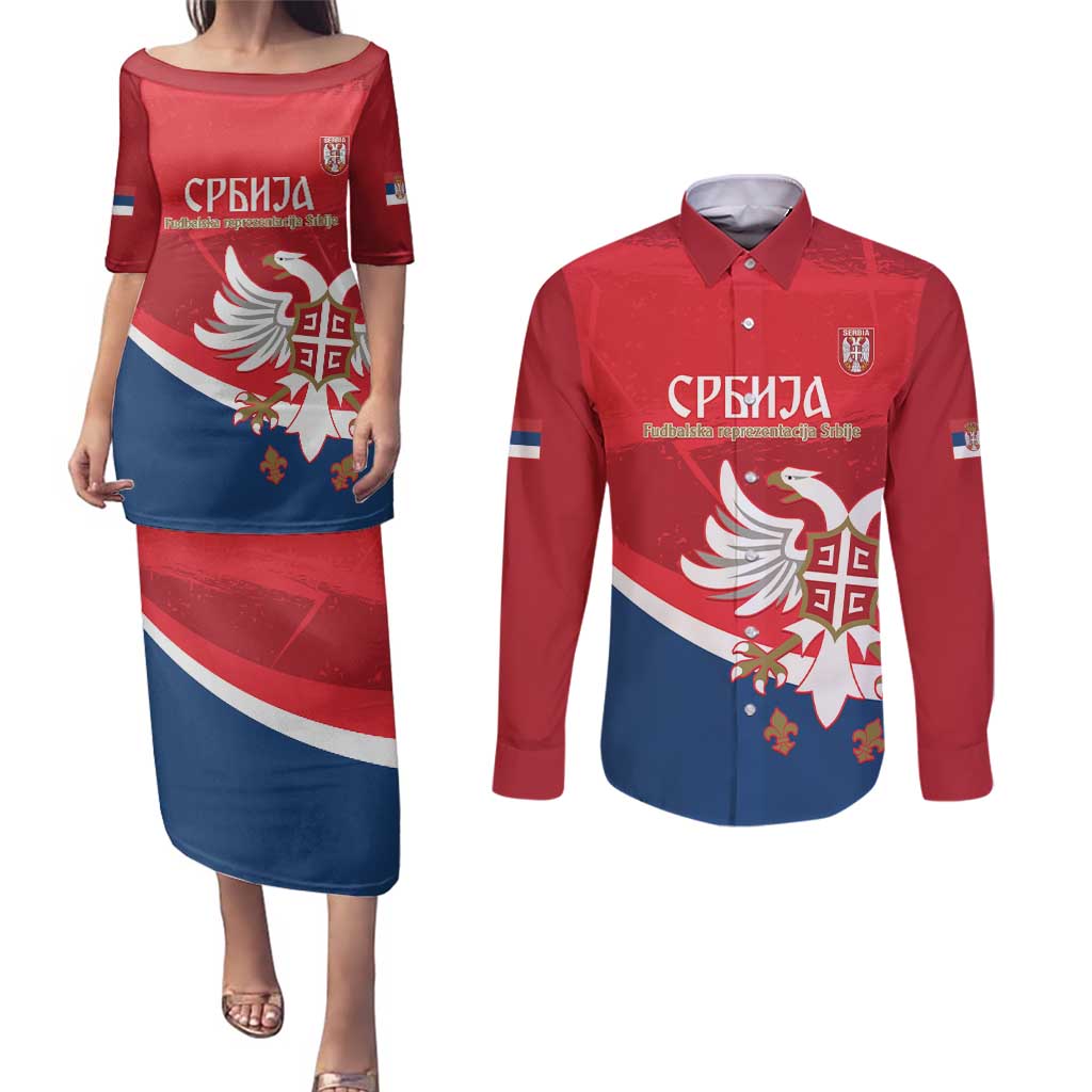 Custom Serbia Football Couples Matching Puletasi and Long Sleeve Button Shirt Come On Ealges Coat Of Arms Style
