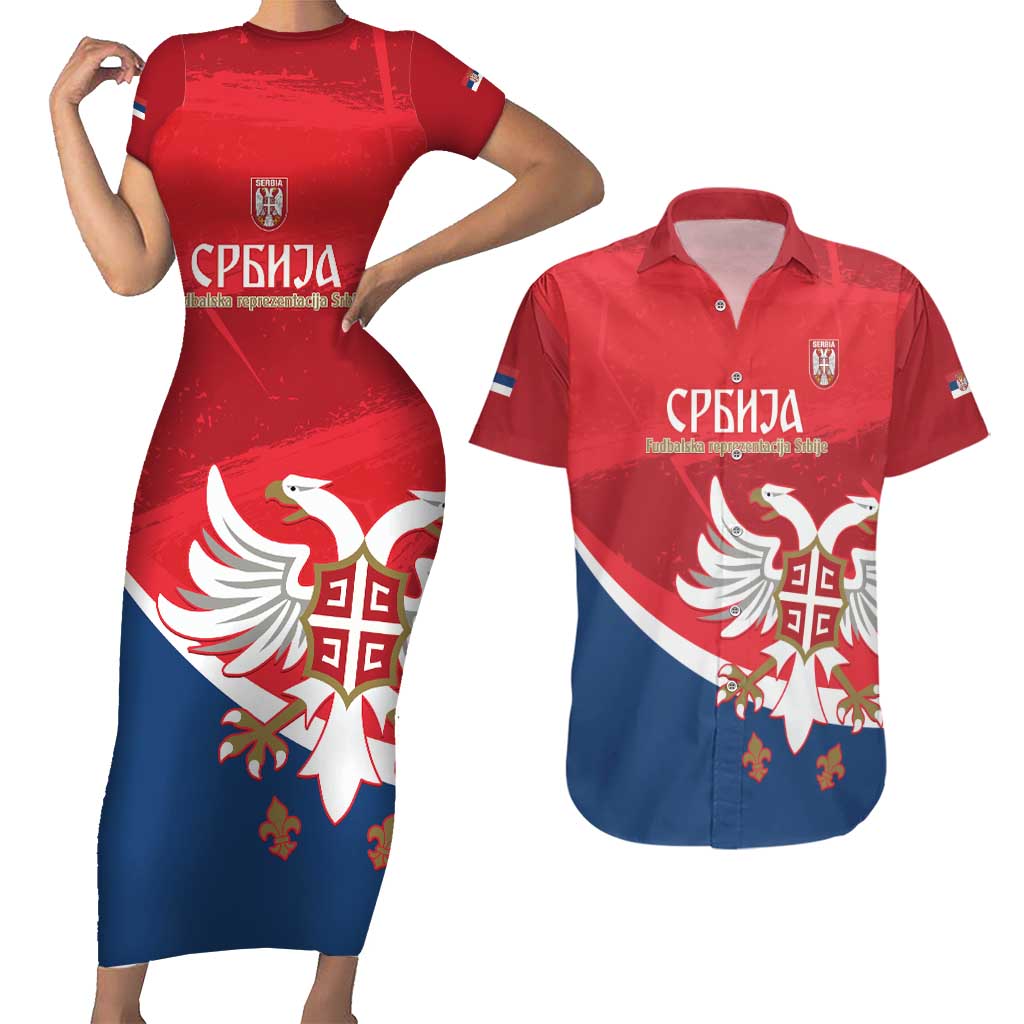 Custom Serbia Football Couples Matching Short Sleeve Bodycon Dress and Hawaiian Shirt Come On Ealges Coat Of Arms Style