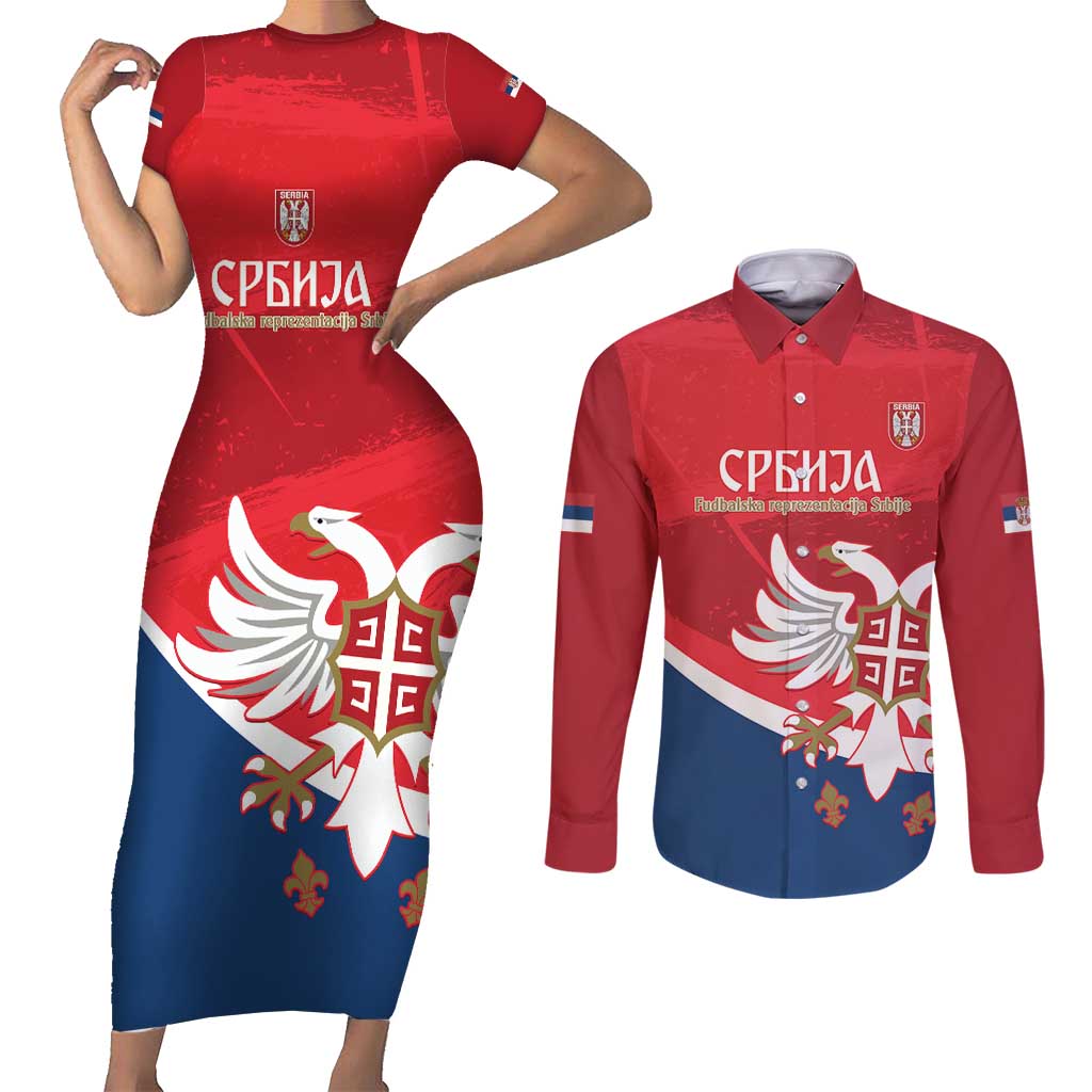 Custom Serbia Football Couples Matching Short Sleeve Bodycon Dress and Long Sleeve Button Shirt Come On Ealges Coat Of Arms Style