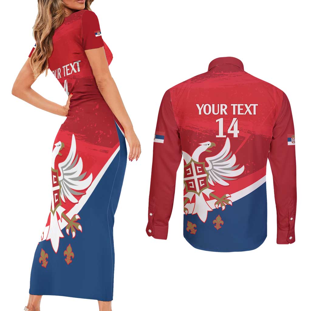 Custom Serbia Football Couples Matching Short Sleeve Bodycon Dress and Long Sleeve Button Shirt Come On Ealges Coat Of Arms Style