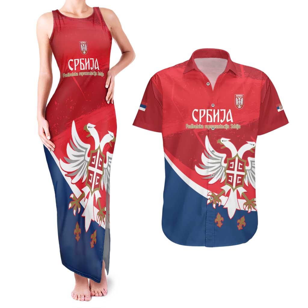 Custom Serbia Football Couples Matching Tank Maxi Dress and Hawaiian Shirt Come On Ealges Coat Of Arms Style