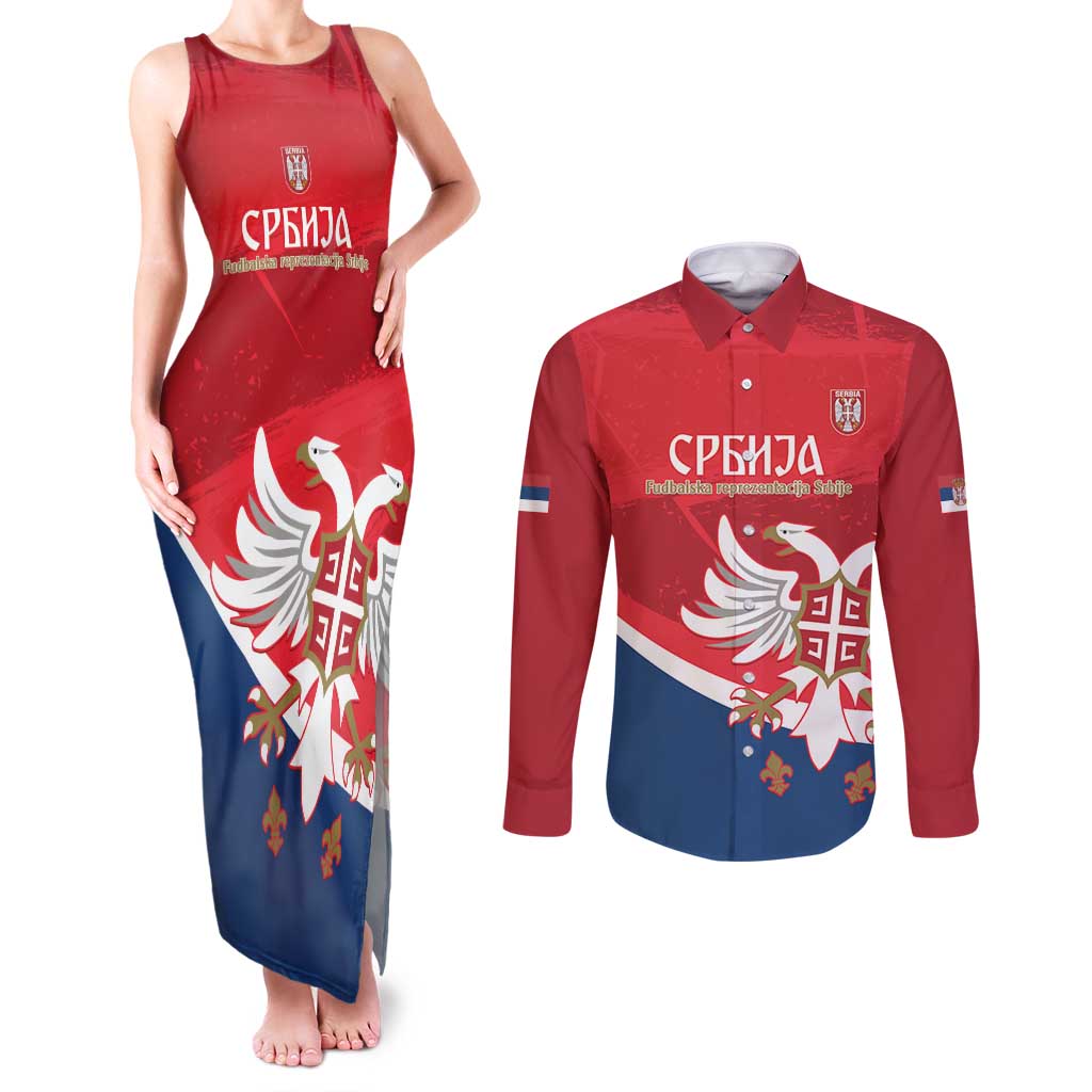 Custom Serbia Football Couples Matching Tank Maxi Dress and Long Sleeve Button Shirt Come On Ealges Coat Of Arms Style