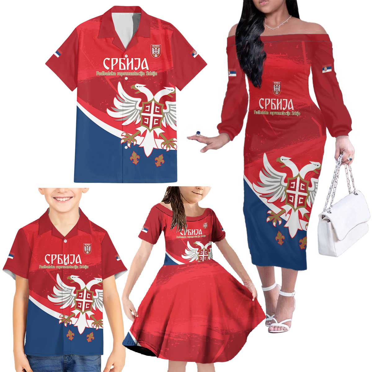 Custom Serbia Football Family Matching Off The Shoulder Long Sleeve Dress and Hawaiian Shirt Come On Ealges Coat Of Arms Style
