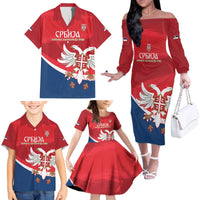 Custom Serbia Football Family Matching Off The Shoulder Long Sleeve Dress and Hawaiian Shirt Come On Ealges Coat Of Arms Style
