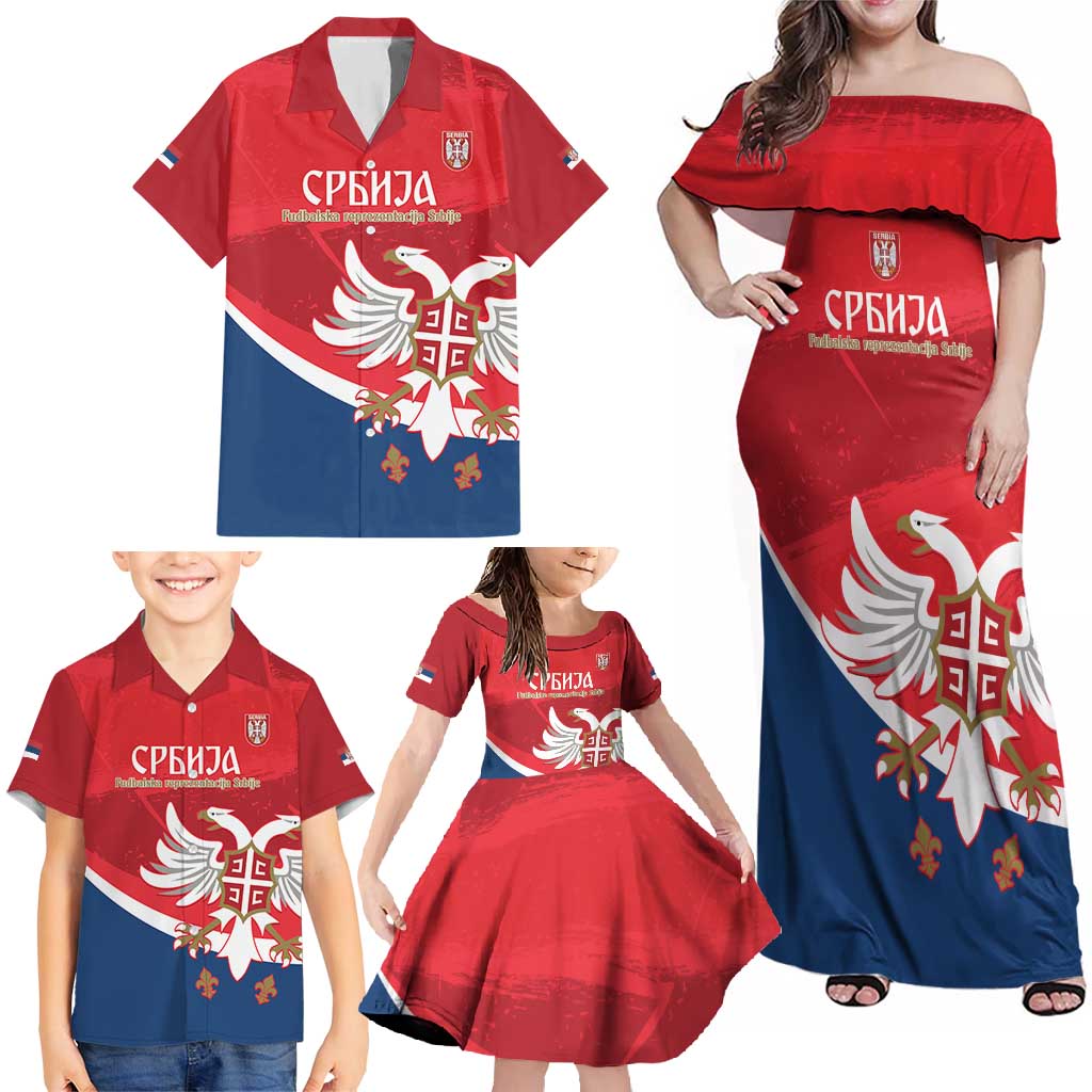 Custom Serbia Football Family Matching Off Shoulder Maxi Dress and Hawaiian Shirt Come On Ealges Coat Of Arms Style