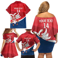Custom Serbia Football Family Matching Off Shoulder Short Dress and Hawaiian Shirt Come On Ealges Coat Of Arms Style