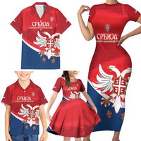 Custom Serbia Football Family Matching Short Sleeve Bodycon Dress and Hawaiian Shirt Come On Ealges Coat Of Arms Style