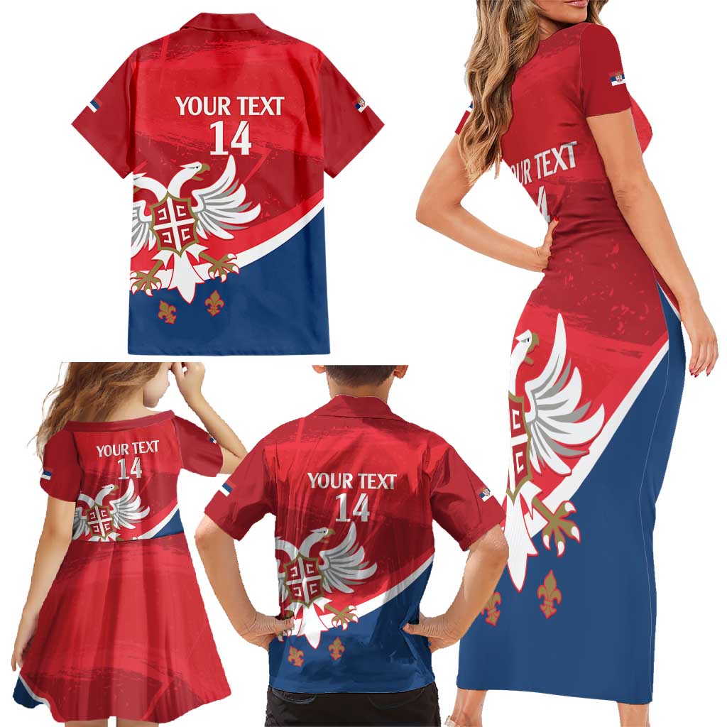 Custom Serbia Football Family Matching Short Sleeve Bodycon Dress and Hawaiian Shirt Come On Ealges Coat Of Arms Style