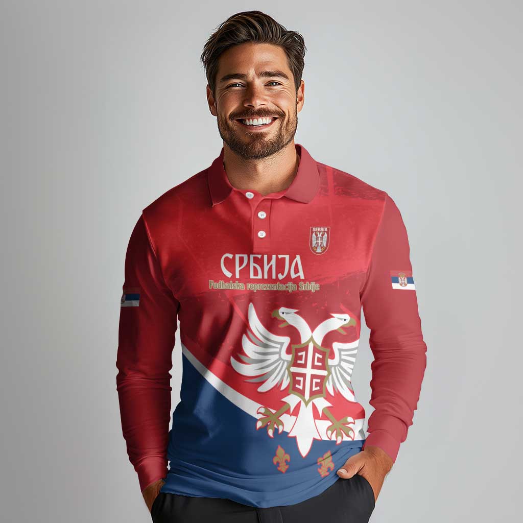 Custom Serbia Football Long Sleeve Polo Shirt Come On Ealges Coat Of Arms Style