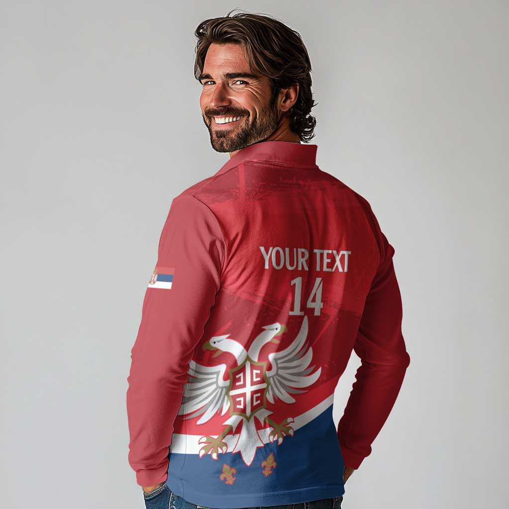 Custom Serbia Football Long Sleeve Polo Shirt Come On Ealges Coat Of Arms Style