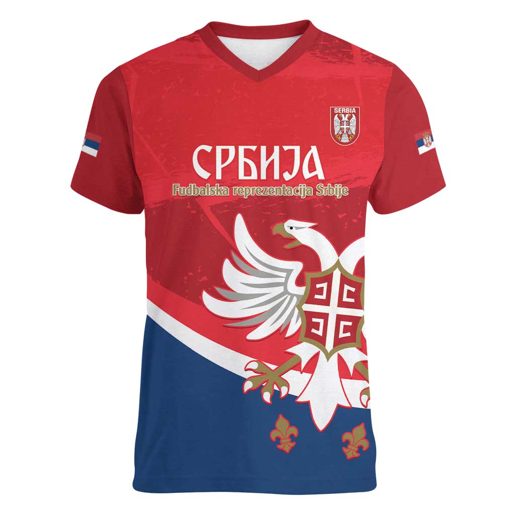 Custom Serbia Football Women V-Neck T-Shirt Come On Ealges Coat Of Arms Style