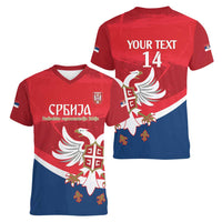 Custom Serbia Football Women V-Neck T-Shirt Come On Ealges Coat Of Arms Style