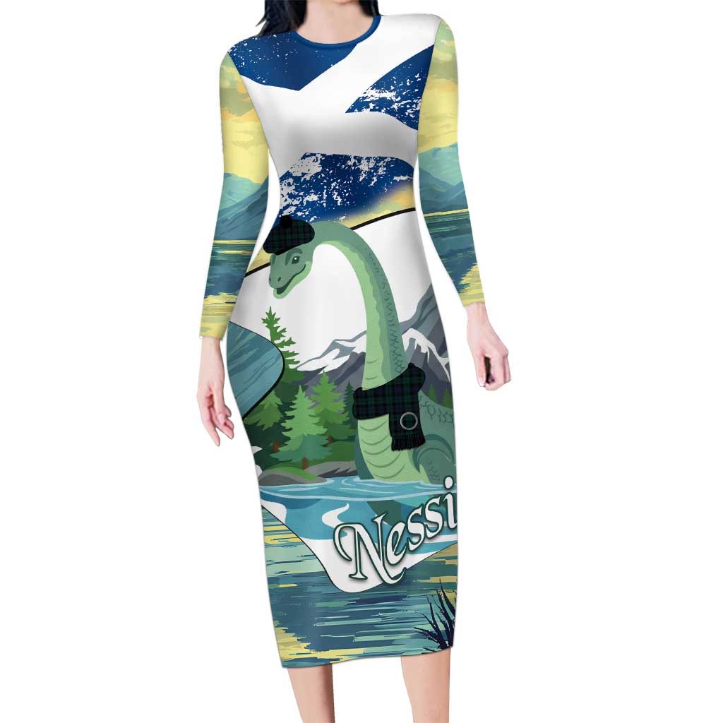 Personalised Nessie Scotland Long Sleeve Bodycon Dress Scottish Folklore Loch Ness Monster