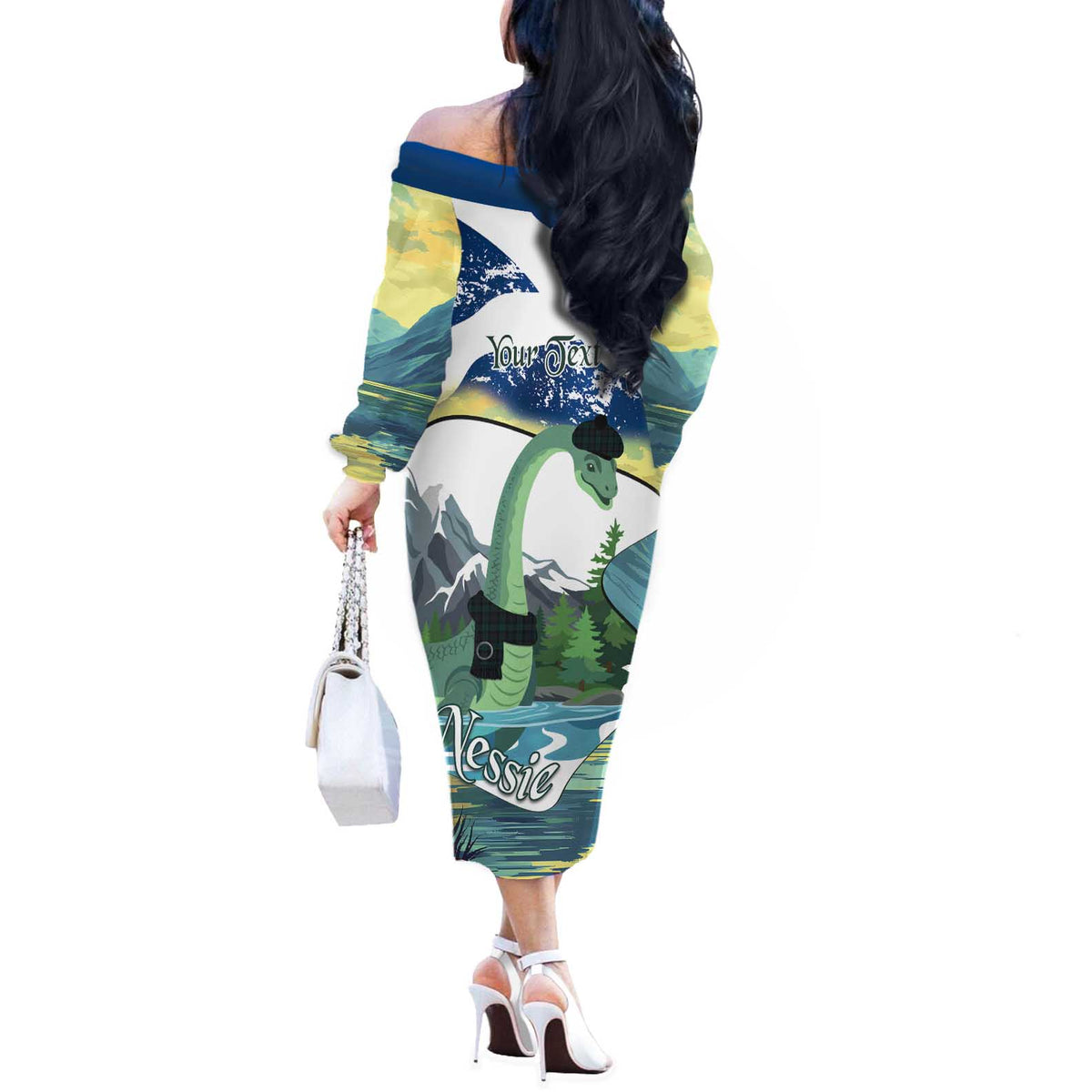 Personalised Nessie Scotland Off The Shoulder Long Sleeve Dress Scottish Folklore Loch Ness Monster