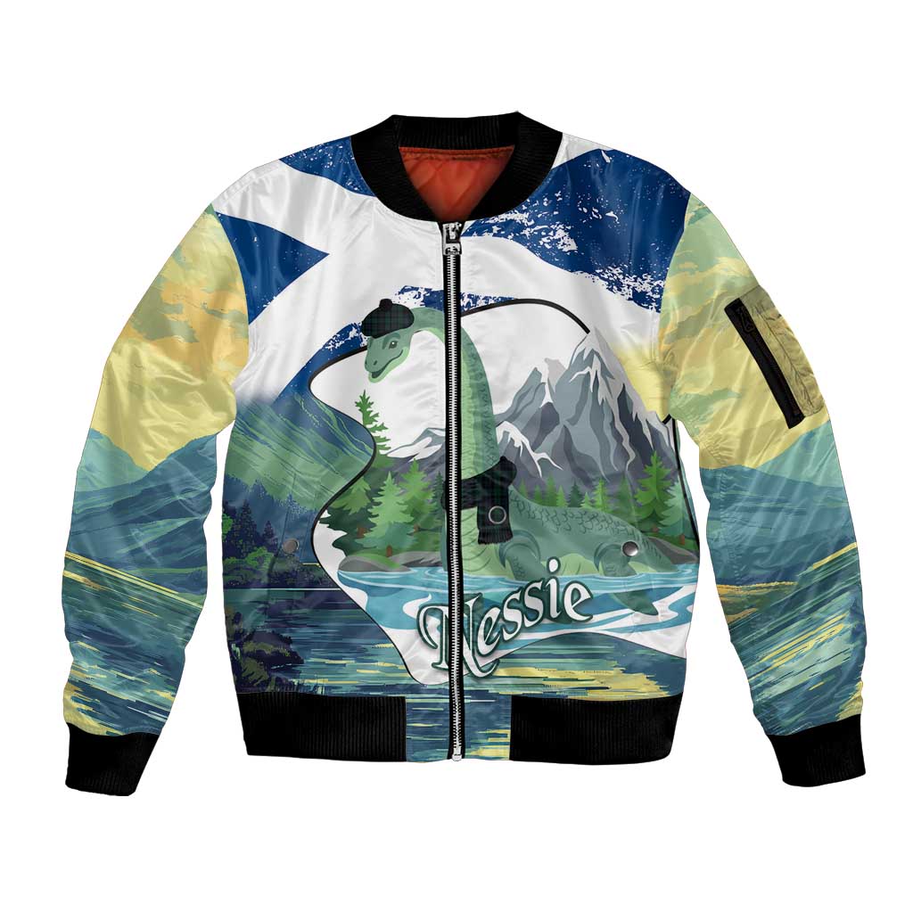 Personalised Nessie Scotland Sleeve Zip Bomber Jacket Scottish Folklore Loch Ness Monster