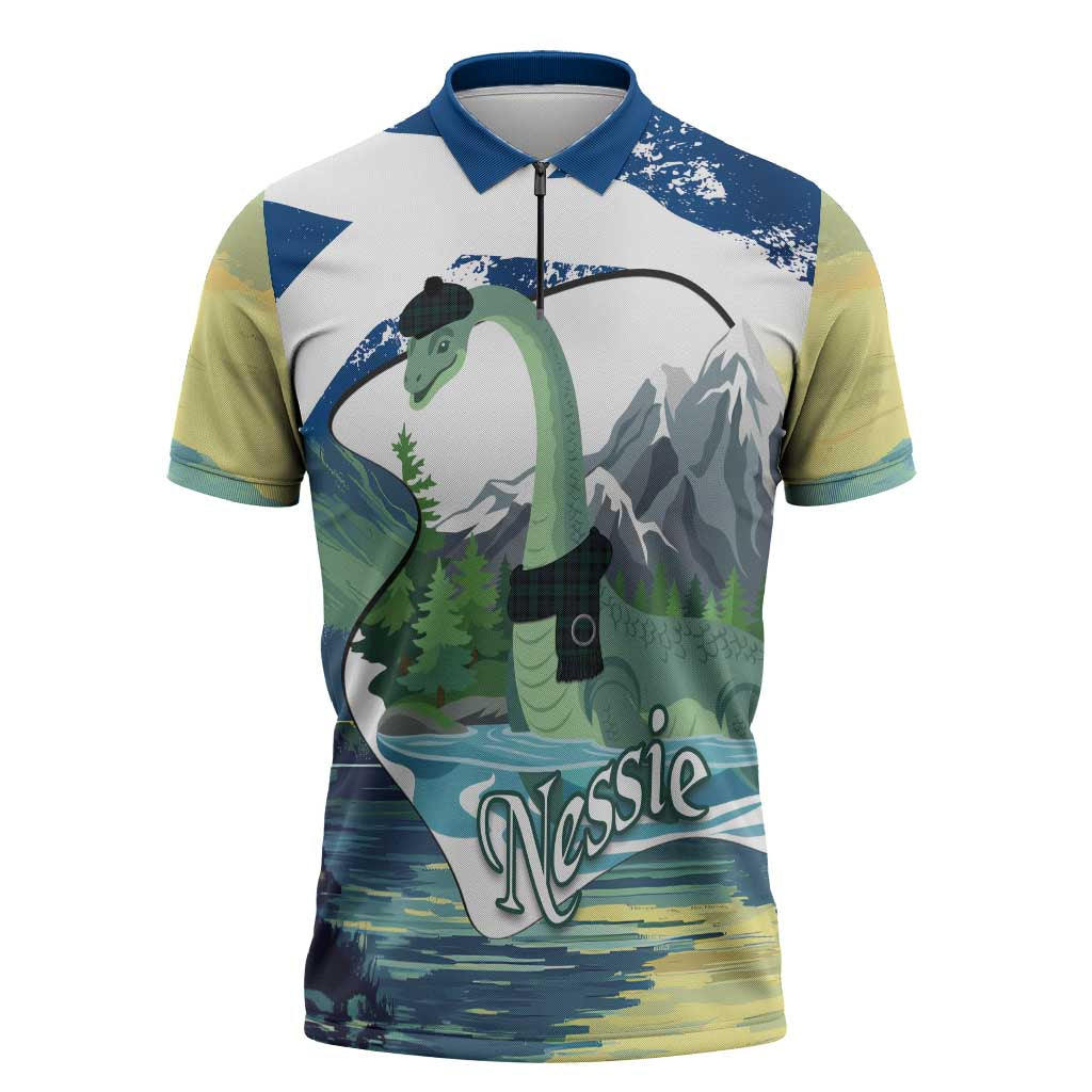 Personalised Nessie Scotland Zipper Polo Shirt Scottish Folklore Loch Ness Monster