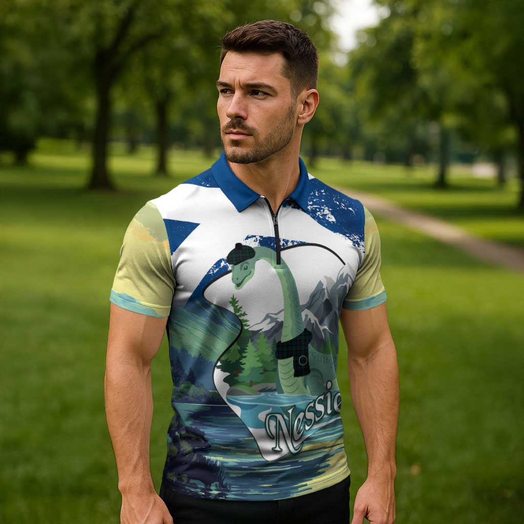 Personalised Nessie Scotland Zipper Polo Shirt Scottish Folklore Loch Ness Monster