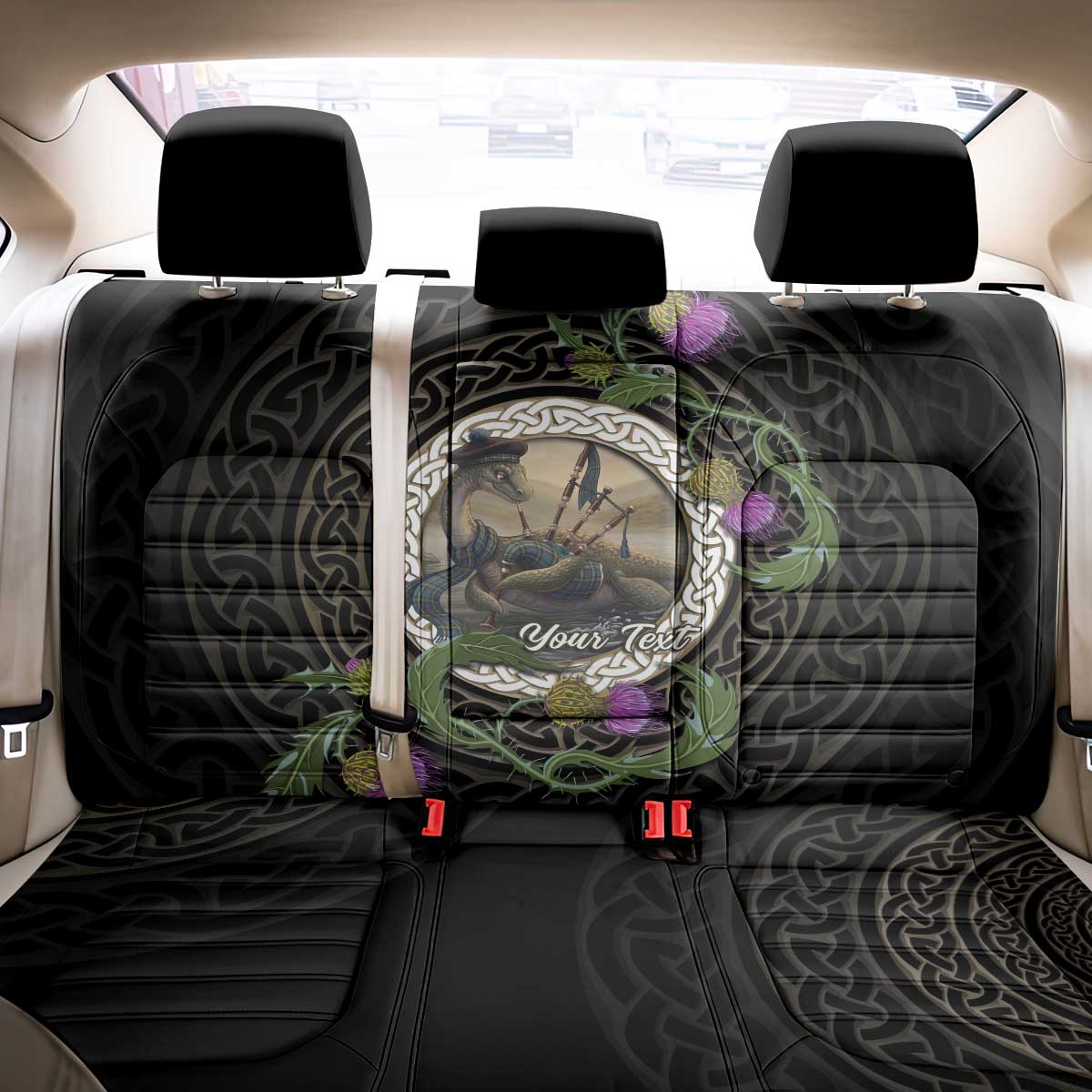 Personalised Loch Ness Monster Scotland Back Car Seat Cover Nessie Bagpipe Scottish Thistle Celtic Knot