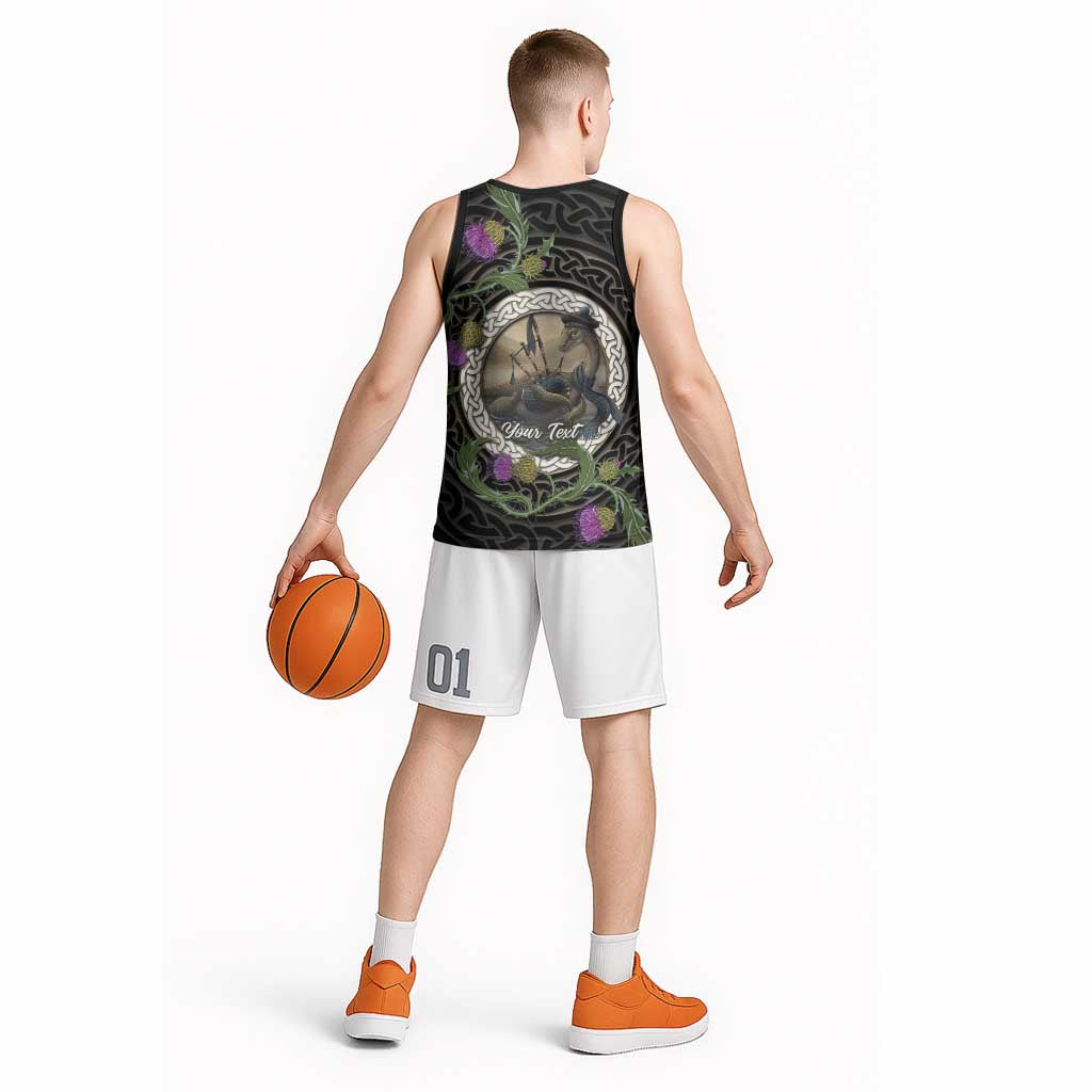 Personalised Loch Ness Monster Scotland Basketball Jersey Nessie Bagpipe Scottish Thistle Celtic Knot