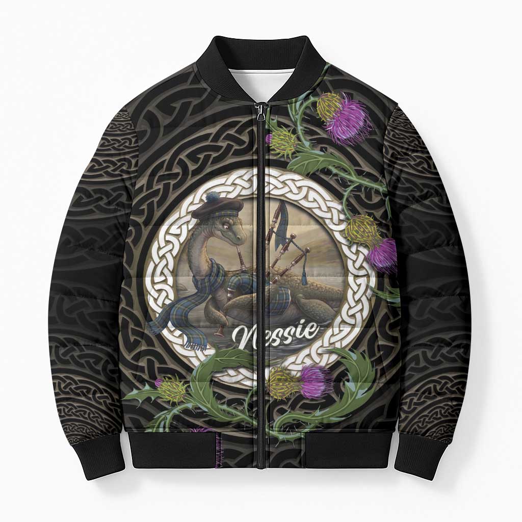 Personalised Loch Ness Monster Scotland Bomber Puffer Jacket Nessie Bagpipe Scottish Thistle Celtic Knot