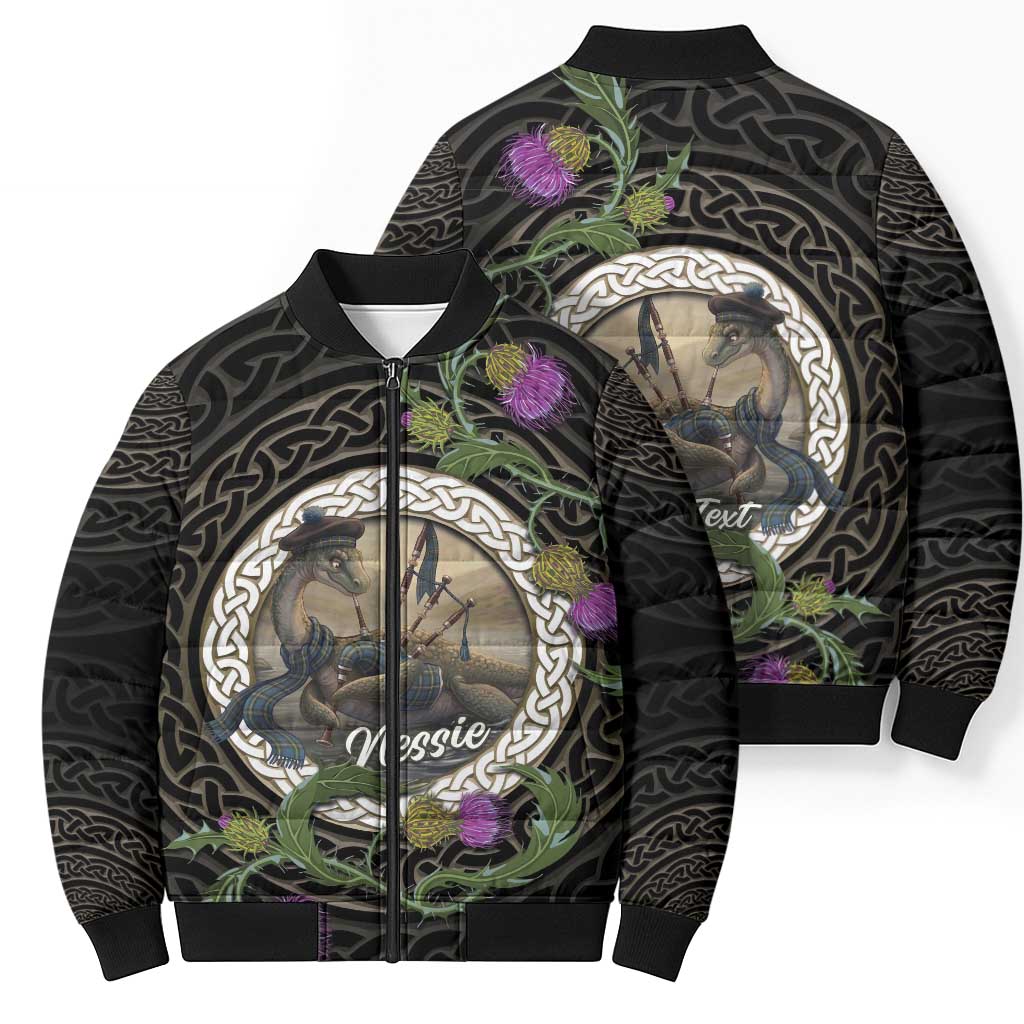 Personalised Loch Ness Monster Scotland Bomber Puffer Jacket Nessie Bagpipe Scottish Thistle Celtic Knot