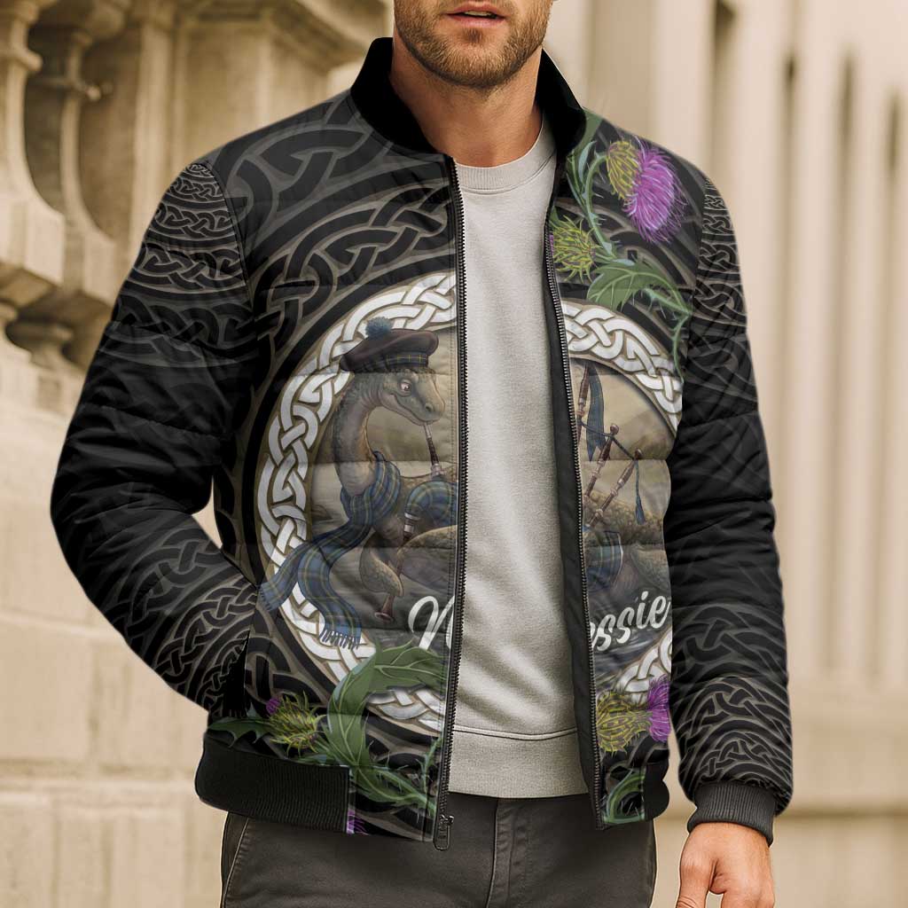 Personalised Loch Ness Monster Scotland Bomber Puffer Jacket Nessie Bagpipe Scottish Thistle Celtic Knot