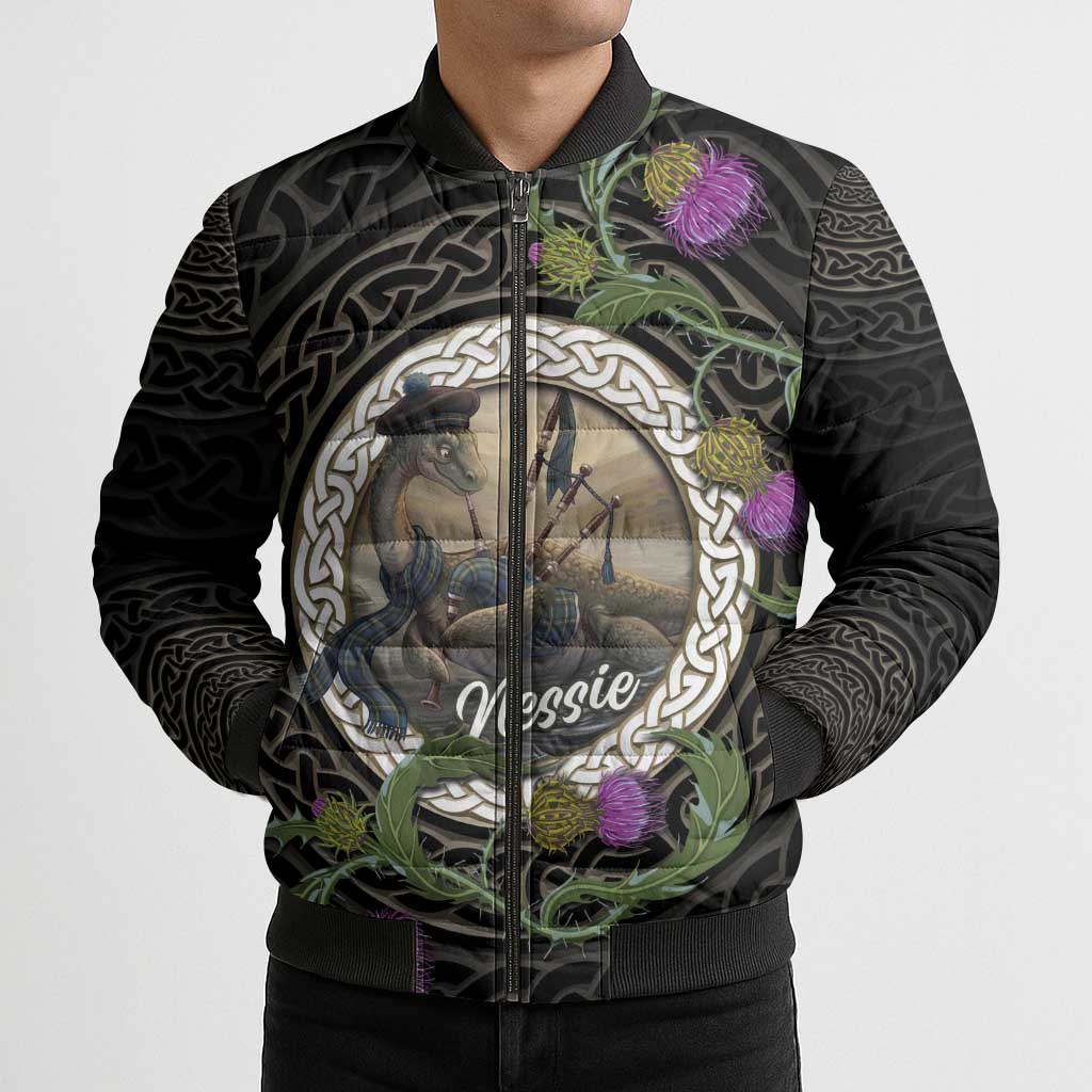 Personalised Loch Ness Monster Scotland Bomber Puffer Jacket Nessie Bagpipe Scottish Thistle Celtic Knot