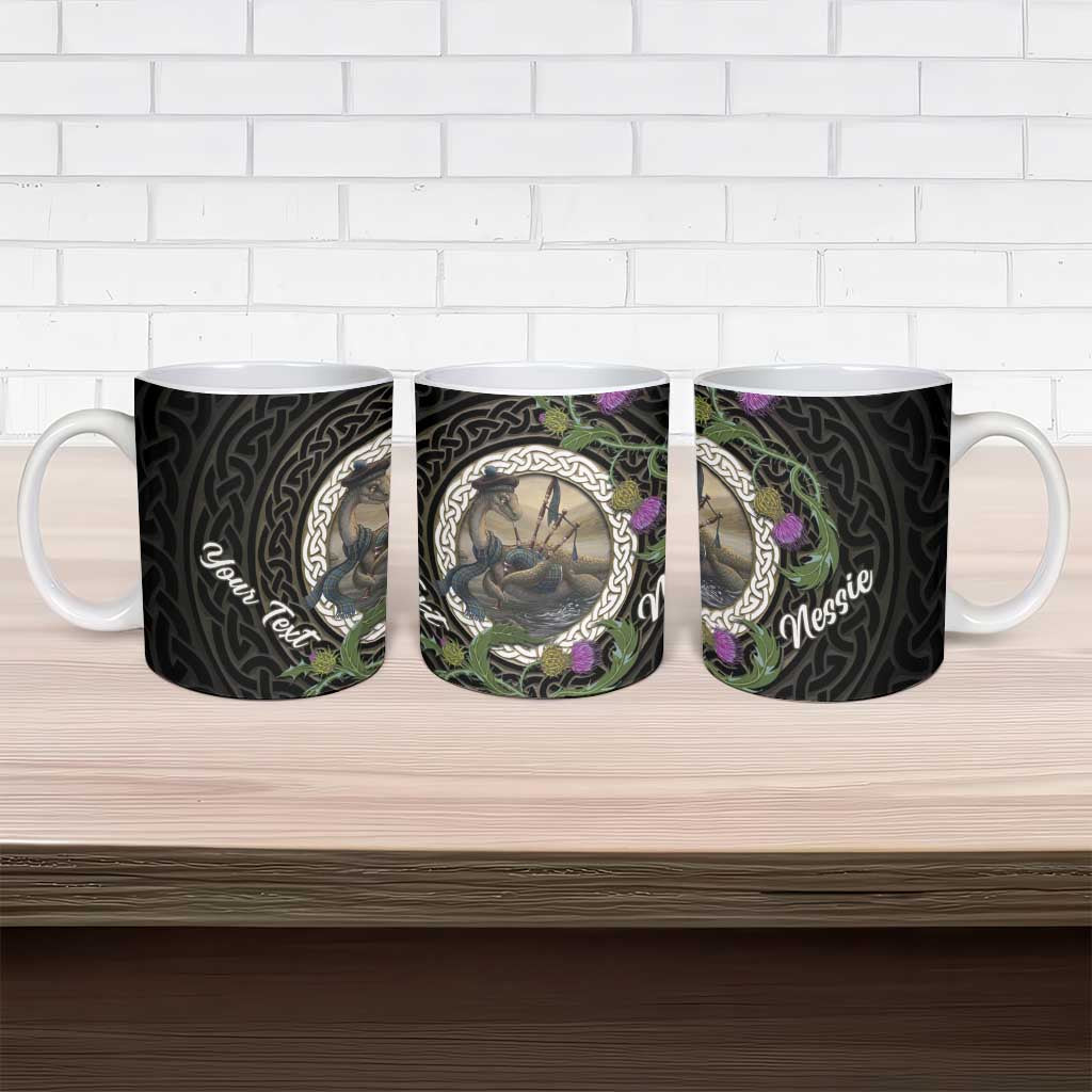 Personalised Loch Ness Monster Scotland Ceramic Mug Nessie Bagpipe Scottish Thistle Celtic Knot