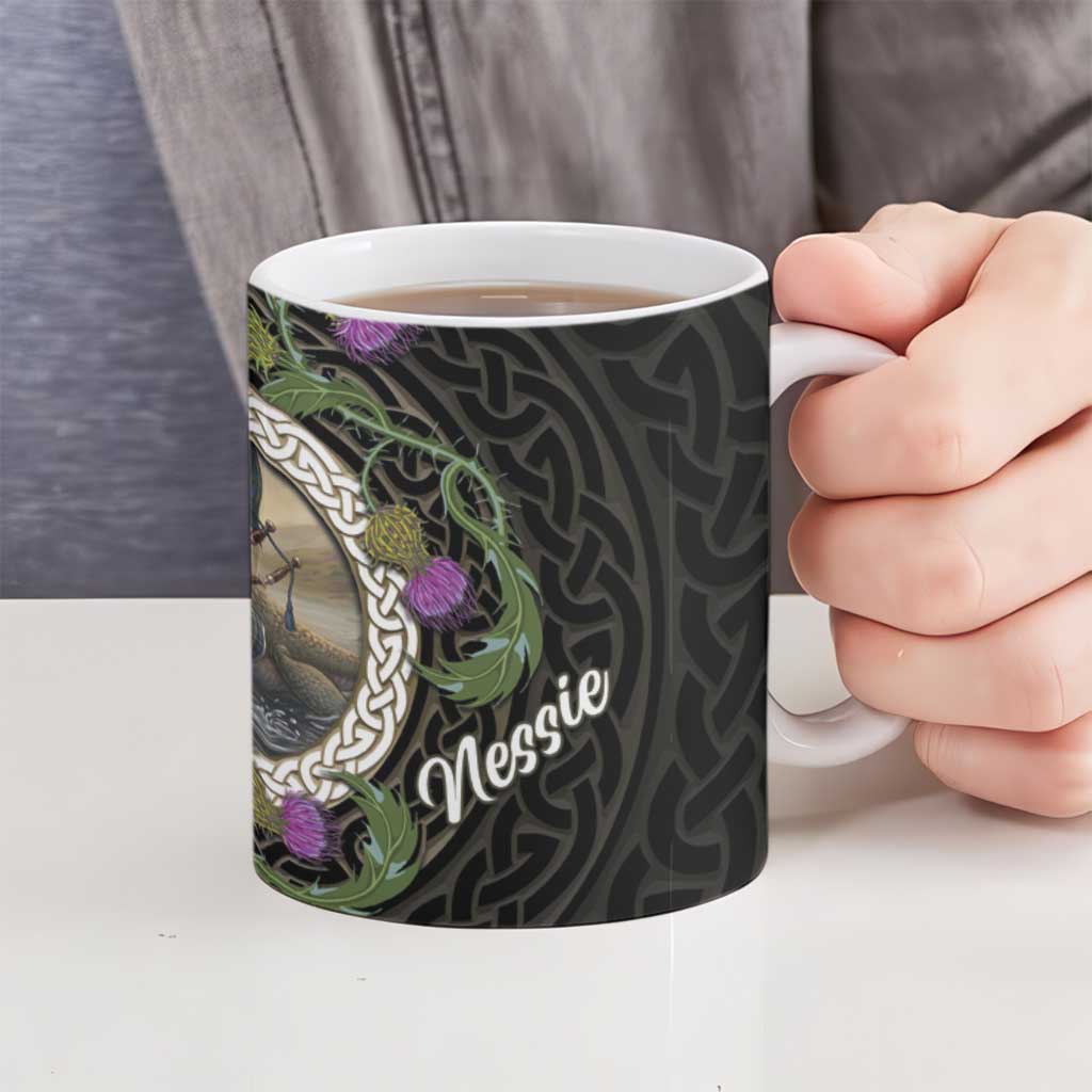 Personalised Loch Ness Monster Scotland Ceramic Mug Nessie Bagpipe Scottish Thistle Celtic Knot