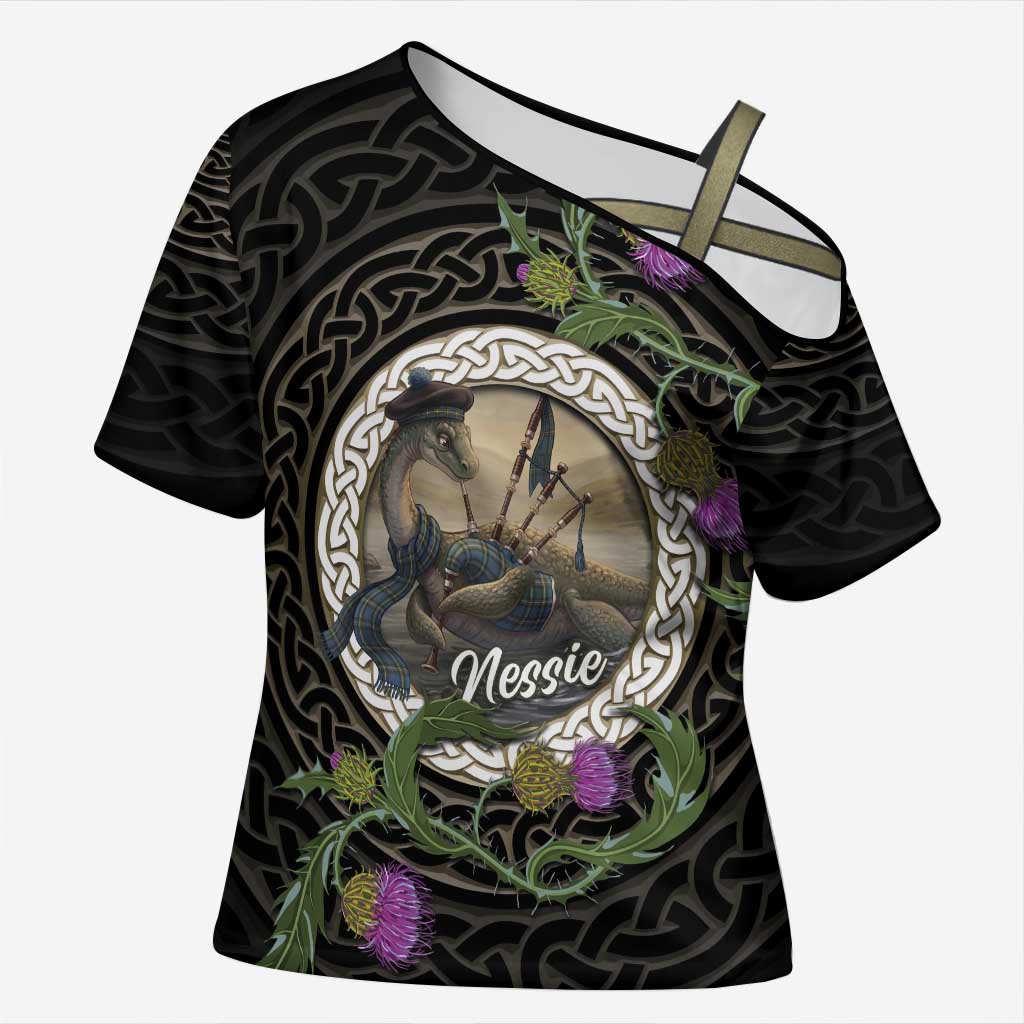 Personalised Loch Ness Monster Scotland Cross Shoulder Shirt Nessie Bagpipe Scottish Thistle Celtic Knot