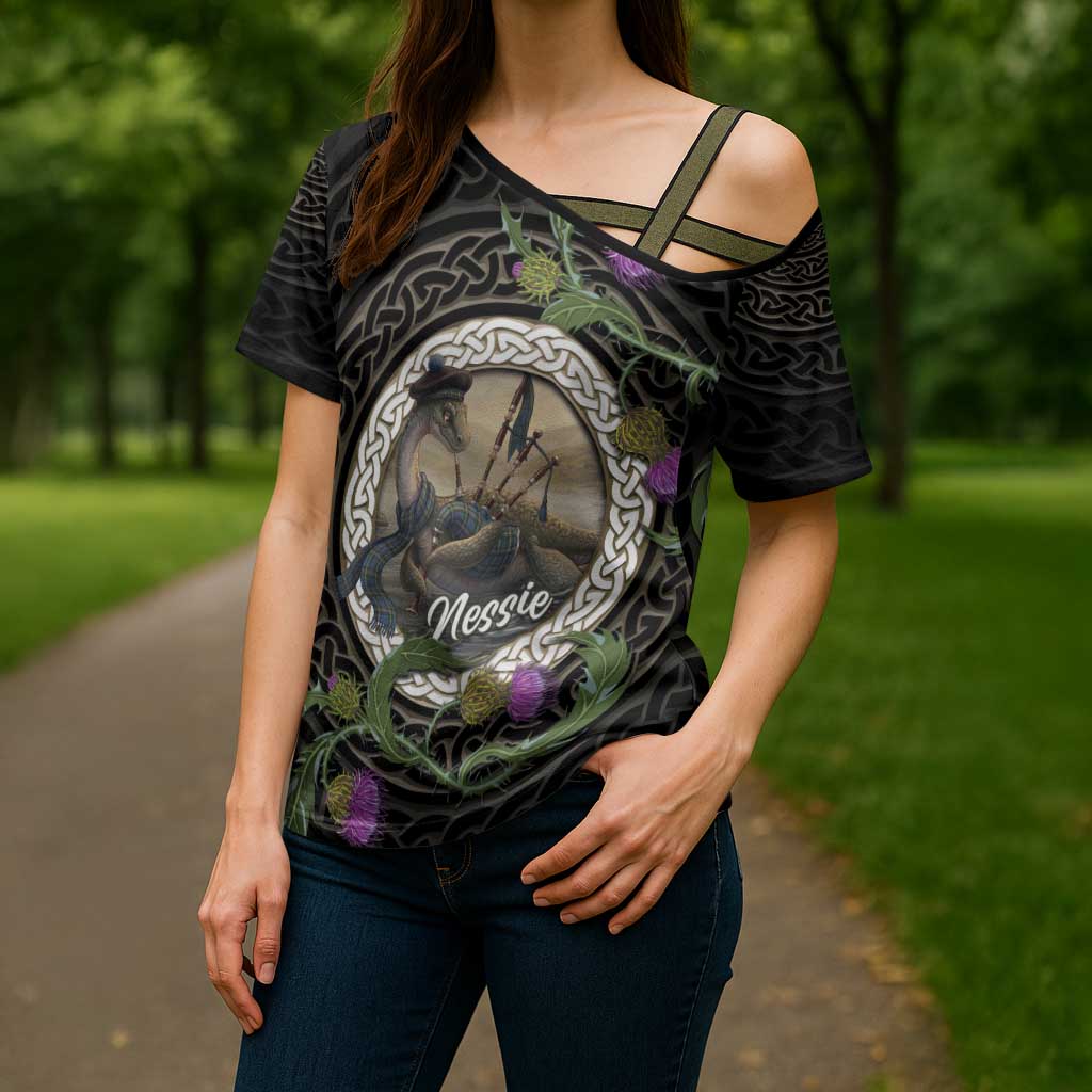 Personalised Loch Ness Monster Scotland Cross Shoulder Shirt Nessie Bagpipe Scottish Thistle Celtic Knot