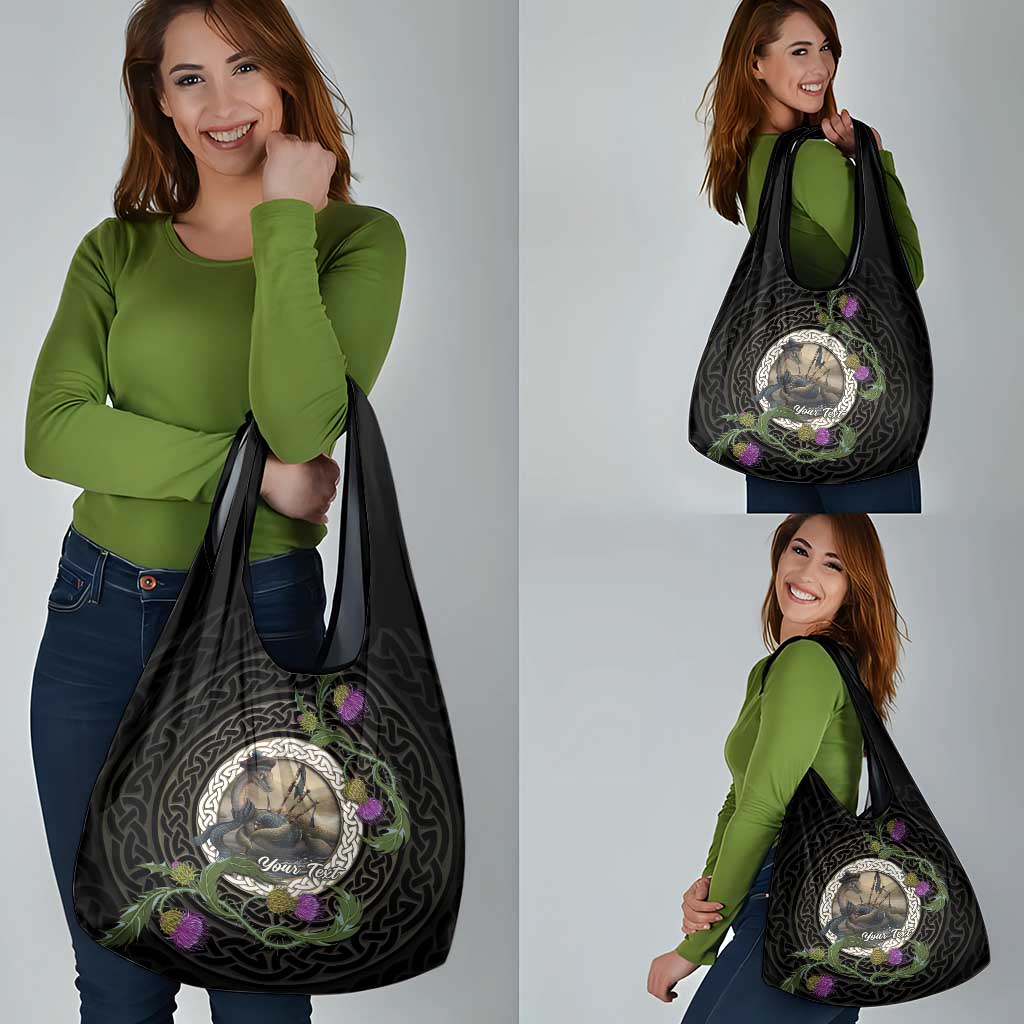 Personalised Loch Ness Monster Scotland Grocery Bag Nessie Bagpipe Scottish Thistle Celtic Knot