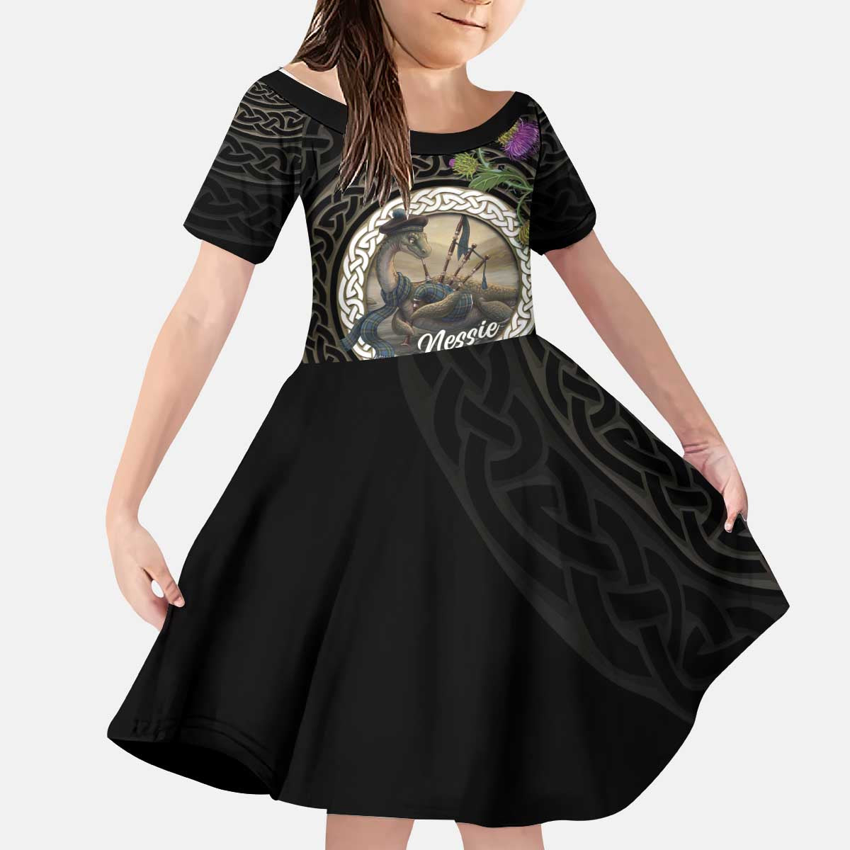 Personalised Loch Ness Monster Scotland Kid Short Sleeve Dress Nessie Bagpipe Scottish Thistle Celtic Knot