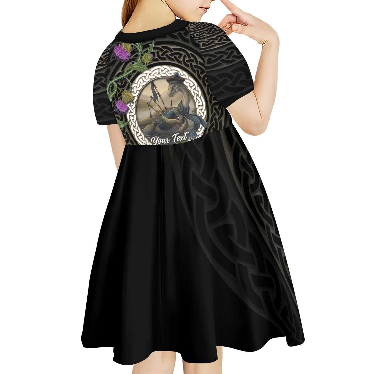 Personalised Loch Ness Monster Scotland Kid Short Sleeve Dress Nessie Bagpipe Scottish Thistle Celtic Knot