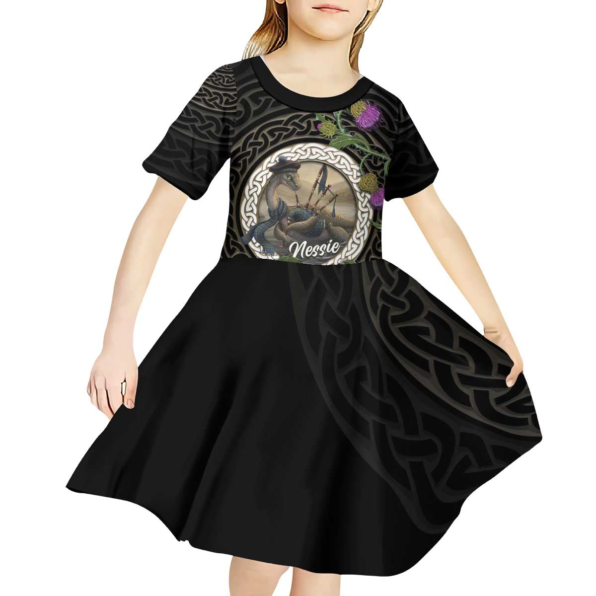 Personalised Loch Ness Monster Scotland Kid Short Sleeve Dress Nessie Bagpipe Scottish Thistle Celtic Knot