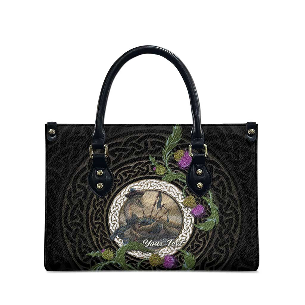 Personalised Loch Ness Monster Scotland Leather Bag Nessie Bagpipe Scottish Thistle Celtic Knot