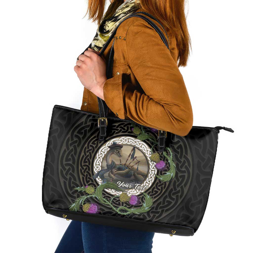 Personalised Loch Ness Monster Scotland Leather Tote Bag Nessie Bagpipe Scottish Thistle Celtic Knot