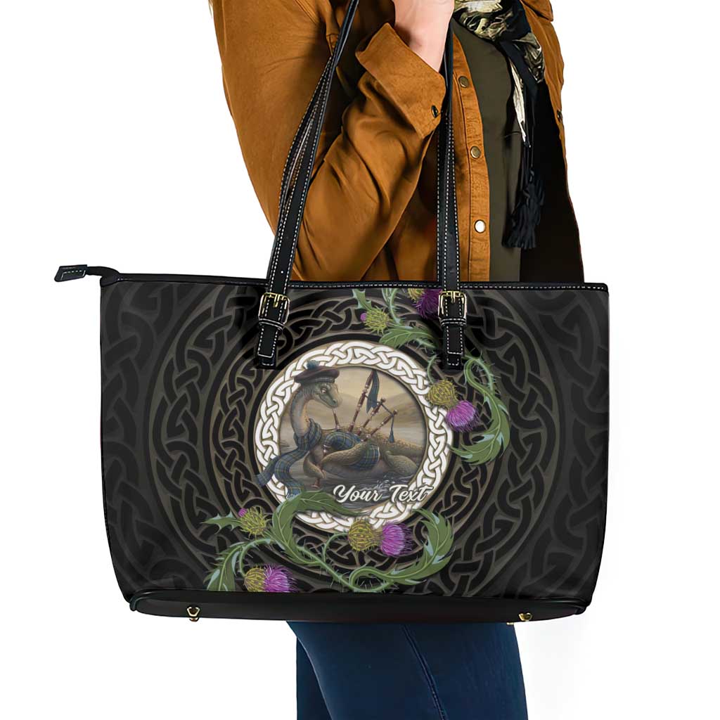 Personalised Loch Ness Monster Scotland Leather Tote Bag Nessie Bagpipe Scottish Thistle Celtic Knot