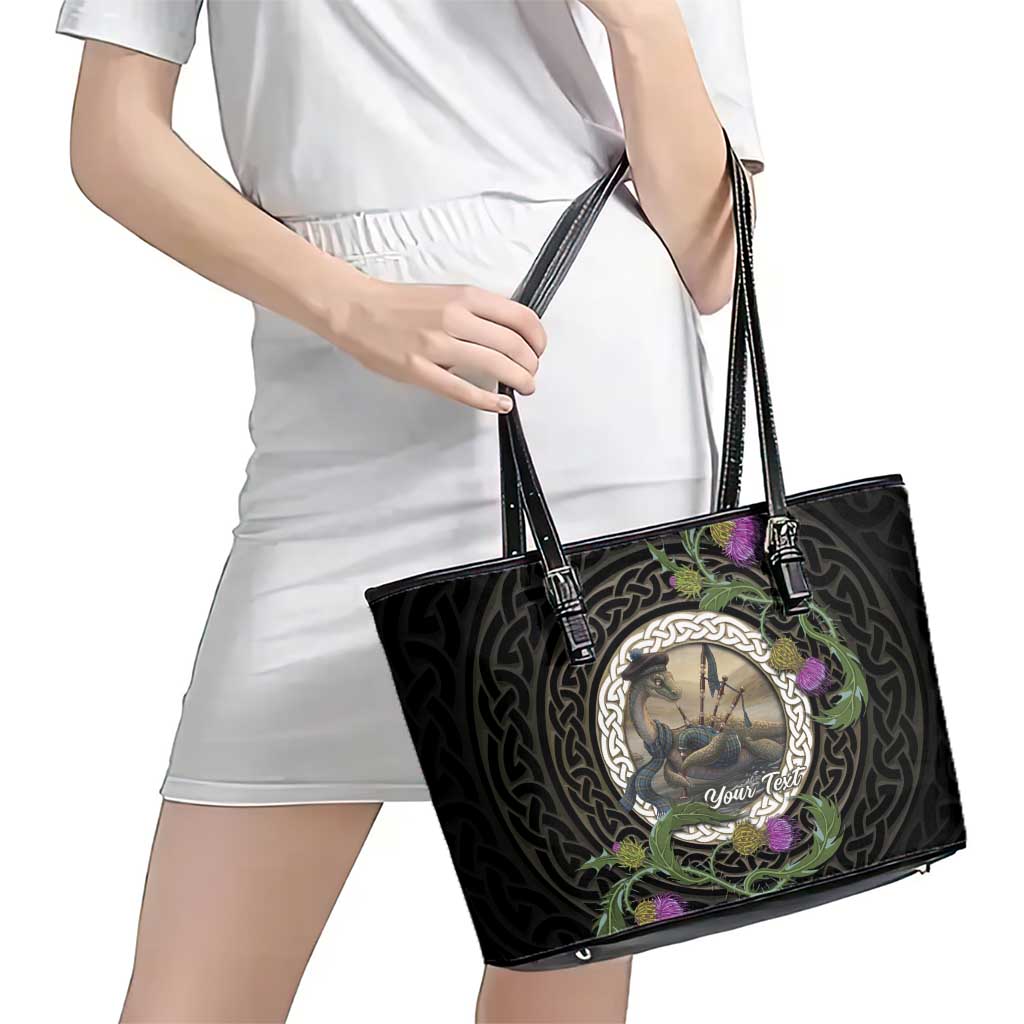 Personalised Loch Ness Monster Scotland Leather Tote Bag Nessie Bagpipe Scottish Thistle Celtic Knot