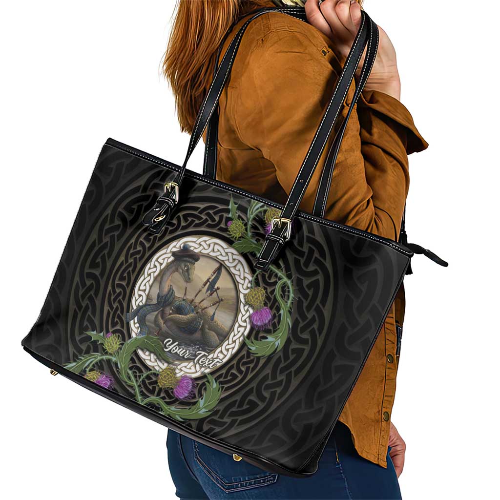 Personalised Loch Ness Monster Scotland Leather Tote Bag Nessie Bagpipe Scottish Thistle Celtic Knot